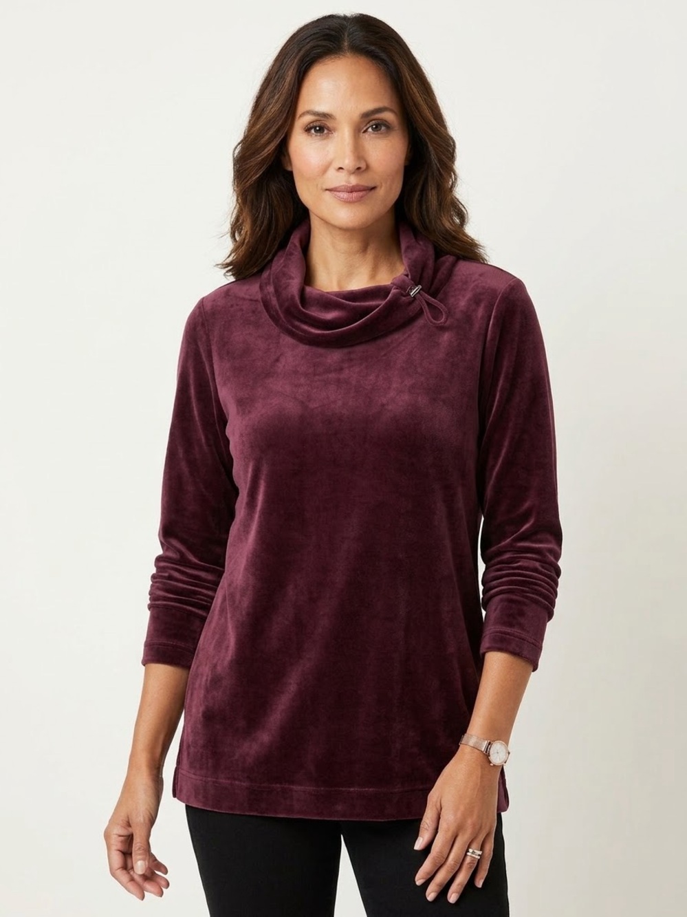Dana Buchman Burgundy Velour Cowl Neck Drawstring Top XL